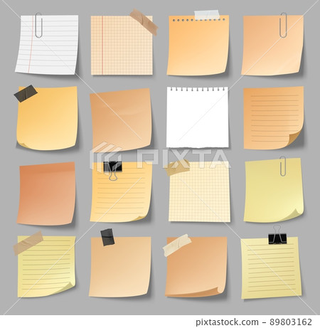 Note paper sheets, stickers, office reminder, memo notes with adhesive tape. Vector notepad and memory sticky notice, to do list or message blanks. Notepaper information board with appointment pages 89803162