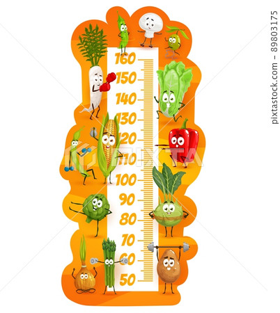 Kids height chart. Fitness vegetable characters, vector grwoth meter. Kid measure scale height ruler with cartoon pepper, corn or onion and cabbage, daikon, potato and olive, pea, bean and asparagus Kids height chart. Fitness vegetable characters, vector grwoth meter. Kid measure scale height ruler with cartoon pepper, corn or onion and cabbage, daikon, potato and olive, pea, bean and asparagus 89803175