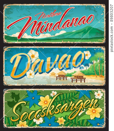Northern Mindanao, Davao and Soccsksargen provinces of Philippines travel plates and stickers. Vector signs of Philippine regions, old grunge banners with Kitanglad mountain range, Samal island beach 89803207