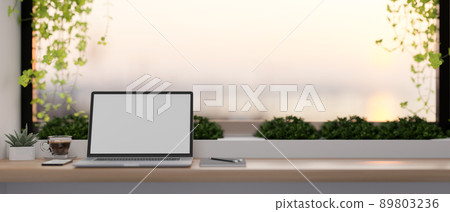 Workspace with laptop computer mockup and copy space on tabletop Workspace with laptop computer mockup and copy space on tabletop 89803236