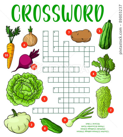 Cartoon raw farm isolated vegetables on crossword puzzle worksheet, vector word quiz. Kids education riddle grid game to guess word of zucchini, Chinese cabbage and patison, kohlrabi and onion Cartoon raw farm isolated vegetables on crossword puzzle worksheet, vector word quiz. Kids education riddle grid game to guess word of zucchini, Chinese cabbage and patison, kohlrabi and onion 89803237