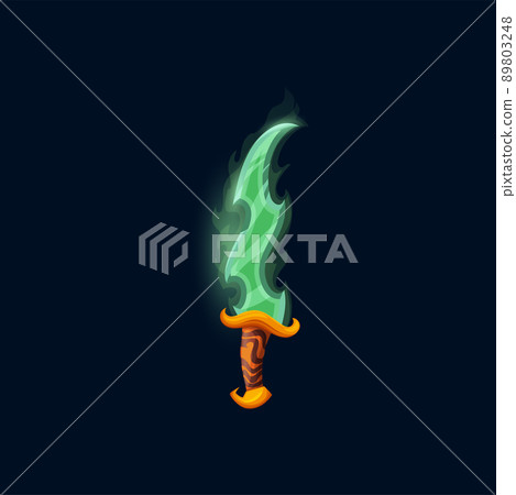 Fantasy elvish magic sword with green wavy blade covered with magician haze and decorated gold handle. Cartoon medieval vector elven dagger or saber, knight weapon icon, rpg game single ui asset Fantasy elvish magic sword with green wavy blade covered with magician haze and decorated gold handle. Cartoon medieval vector elven dagger or saber, knight weapon icon, rpg game single ui asset 89803248
