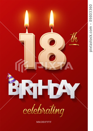 Burning Birthday candles in the form of number 18 figure and Happy Birthday celebrating text with party cane isolated on red background. Vector eighteenth Birthday invitation template. Burning Birthday candles in the form of number 18 figure and Happy Birthday celebrating text with party cane isolated on red background. Vector eighteenth Birthday invitation template. 89803360