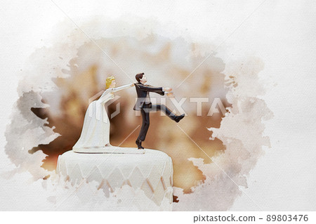 watercolour concept groom doll and statue is running away but bride can catch him finally. the funny wedding story doll on the top of cake. watercolour concept groom doll and statue is running away but bride can catch him finally. the funny wedding story doll on the top of cake. 89803476