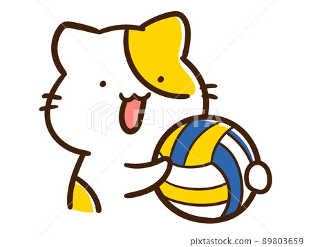Handwritten style illustration of a cute cat character with volleyball 89803659