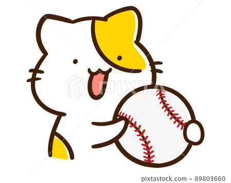 Handwritten style illustration of a cute cat character holding a baseball ball 89803660