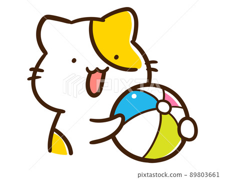 Handwritten style illustration of a cute cat character with a beach ball 89803661