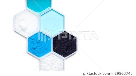 Chemical ingredient in hexagonal molecular shaped container. Shampoo Liquid, Sodium Hydroxide Pellets, Hair Conditioner, Copper (II) Sulfate, Potassium Permanganate and Urea. Chemical ingredient in hexagonal molecular shaped container. Shampoo Liquid, Sodium Hydroxide Pellets, Hair Conditioner, Copper (II) Sulfate, Potassium Permanganate and Urea. 89803743