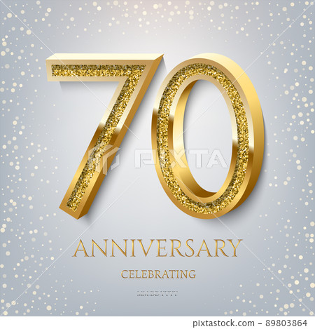 70th Anniversary Celebrating golden text and confetti on light blue background. Vector celebration 70 anniversary event template. 89803864
