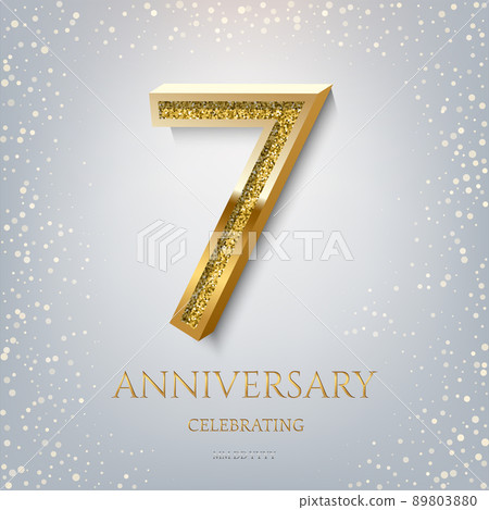 7th Anniversary Celebrating golden text and confetti on light blue background. Vector celebration 7 anniversary event template. 7th Anniversary Celebrating golden text and confetti on light blue background. Vector celebration 7 anniversary event template. 89803880
