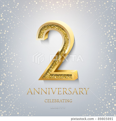 2nd Anniversary Celebrating golden text and confetti on light blue background. Vector celebration 2 anniversary event template. 89803891