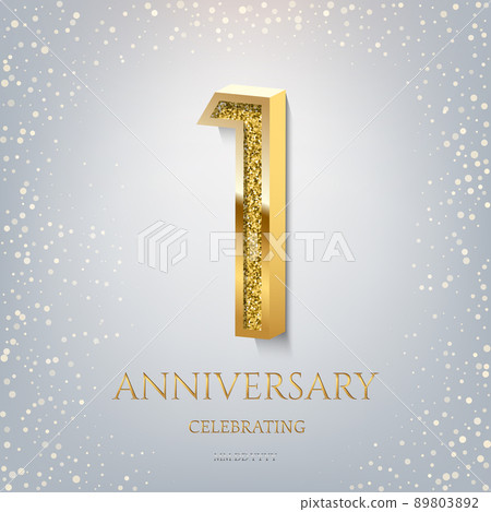 1st Anniversary Celebrating golden text and confetti on light blue background. Vector celebration 1 anniversary event template. 89803892