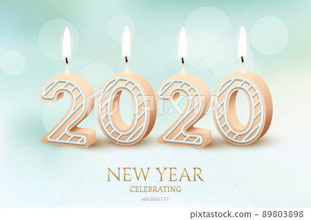 2020 New Year celebration horizontal design concept. Vector 2020 yellow burning candles and New Year Celebration text on blurred blue background. 89803898