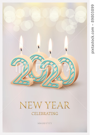 2020 New Year celebration vertical design concept. Vector 2020 burning candles and New Year Celebration text on blurred blue background. 2020 New Year celebration vertical design concept. Vector 2020 burning candles and New Year Celebration text on blurred blue background. 89803899