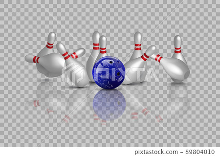 Bowling strike with mirror reflection isolated on transparent background. Vector bowling design element. 89804010
