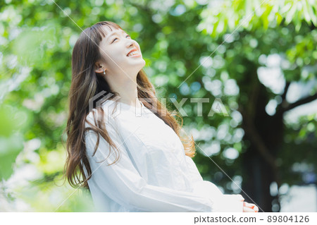 Fresh green white shirt dress woman 89804126