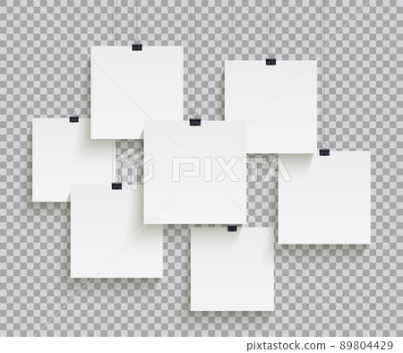 White square paper sheets hanging on paper clips isolated on transparent background. Vector design elements. White square paper sheets hanging on paper clips isolated on transparent background. Vector design elements. 89804429