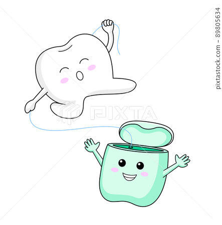 Cute cartoon tooth character using dental floss. Cute cartoon tooth character using dental floss. 89805634