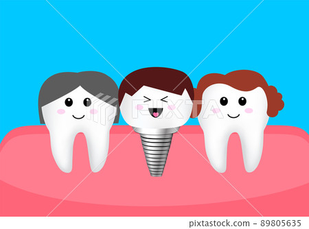 Cartoon tooth character with dental implant. Cartoon tooth character with dental implant. 89805635