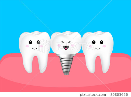 Cartoon tooth character with dental implant. Cartoon tooth character with dental implant. 89805636