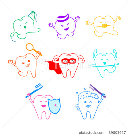 Cute cartoon tooth character with dental care equipment. 89805637