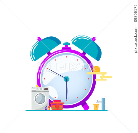 Concept of alarm clock its Time for a laundry with washing machine, washer, basket full of clothes, soap, and one bucket of water Concept of alarm clock its Time for a laundry with washing machine, washer, basket full of clothes, soap, and one bucket of water 89806173