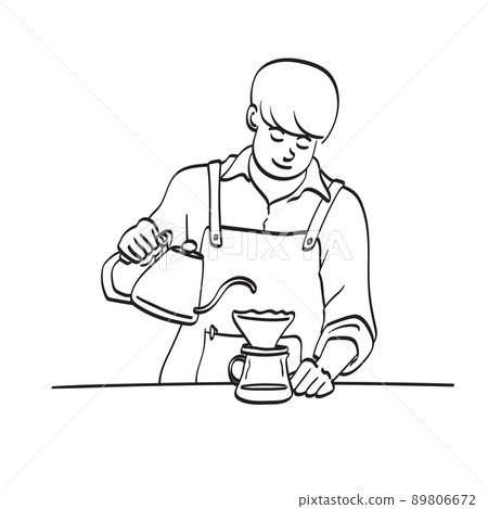 Professional man barista is making drip brewing illustration vector hand drawn isolated on white background line art. 89806672