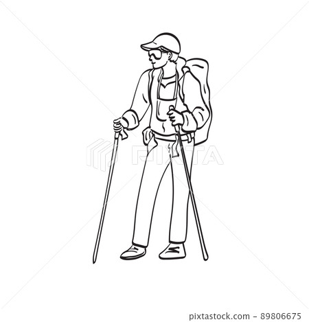 Hiker young man with backpack and trekking poles standing illustration vector hand drawn isolated on white background line art. 89806675