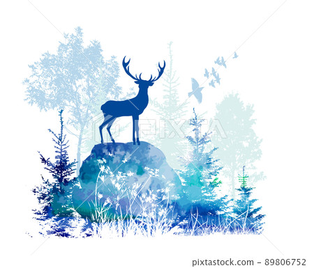 Deer in the forest blue silhouette. Vector illustration Deer in the forest blue silhouette. Vector illustration 89806752