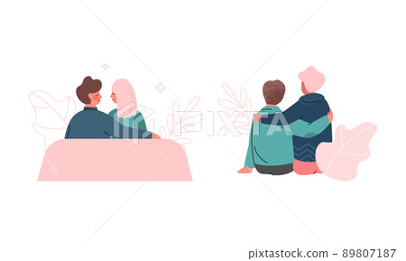Happy Romantic Couple Sitting and Embracing Back View Vector Illustration Set 89807187