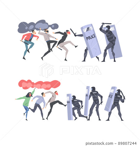 Furious Rioters with Smoke Grenade Fighting with Armed Police Officers Vector Illustration Set 89807244