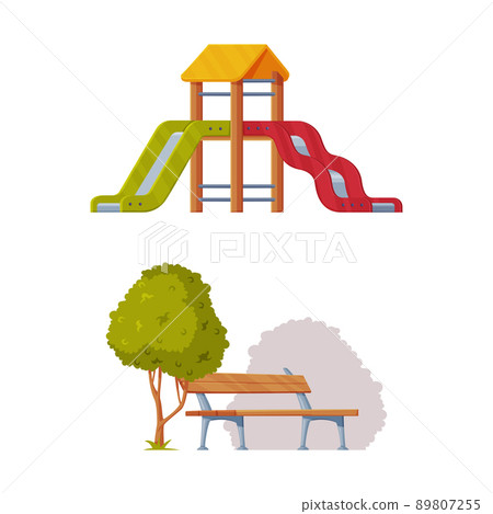 Colorful Wooden Slide with Ladder and Bench on Playground Vector Illustration Set 89807255
