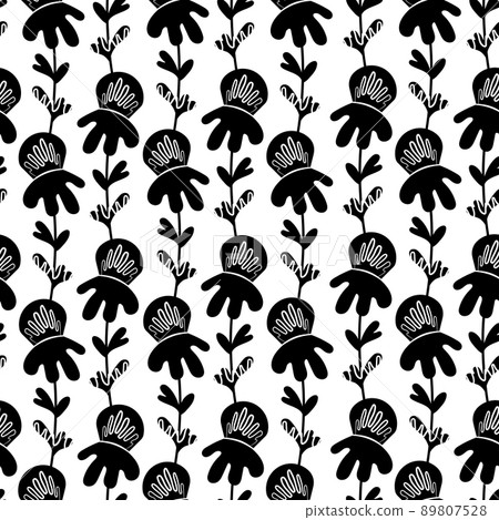 Seamless floral pattern based on traditional folk art ornaments. Black flowers on white background. Scandinavian style. Nordic style. Monochrome vector illustration for fabric, textile, wallpaper Seamless floral pattern based on traditional folk art ornaments. Black flowers on white background. Scandinavian style. Nordic style. Monochrome vector illustration for fabric, textile, wallpaper 89807528