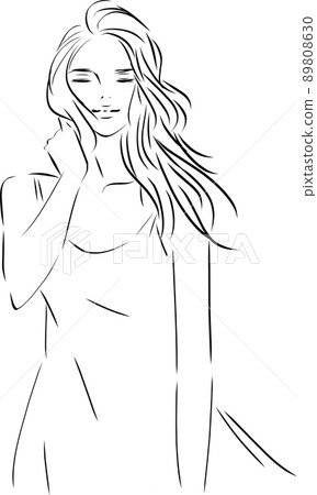 一個女人在強風中握著頭髮的線條藝術 一個女人在強風中握著頭髮的線條藝術 89808630
