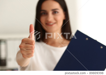 Lady show thumbs up gesture, manager hold clipboard, well done, good job symbol Lady show thumbs up gesture, manager hold clipboard, well done, good job symbol 89809398
