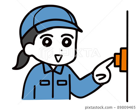 一位身穿工作服、戴著帽子的年輕女子正在按下按鈕（上半身） 89809465