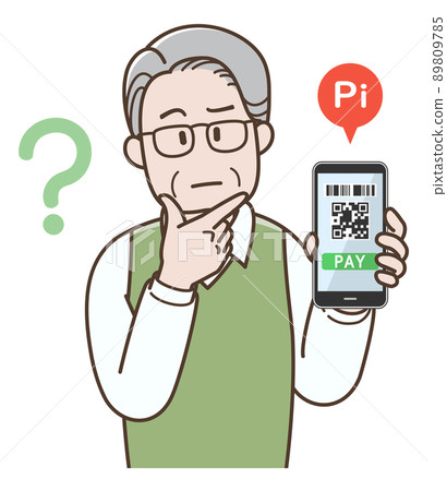 Illustration of a senior man suffering from smartphone payment Illustration of a senior man suffering from smartphone payment 89809785