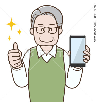 Illustration of a senior man holding a smartphone and giving a good sign Illustration of a senior man holding a smartphone and giving a good sign 89809789