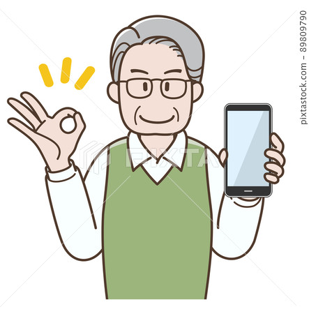 Illustration of a senior man holding a smartphone and signing OK Illustration of a senior man holding a smartphone and signing OK 89809790