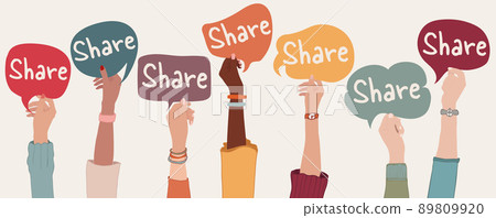 Arms and hands up of multicultural group people holding speech bubble with text -Share- Concept of sharing and community 89809920
