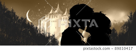 Romance movie style kissing couple black and white silhouette illustration and towering medieval castle and forest background 89810417