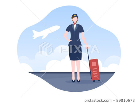 Stewardess or Air Hostess with Blue Uniform and Carry a Suitcase at Airport in Cartoon Vector Illustration Stewardess or Air Hostess with Blue Uniform and Carry a Suitcase at Airport in Cartoon Vector Illustration 89810678