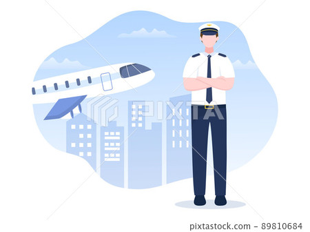 Pilot Cartoon Vector Illustration with Airplane, Air Hostess, City or Airport Background Design 89810684