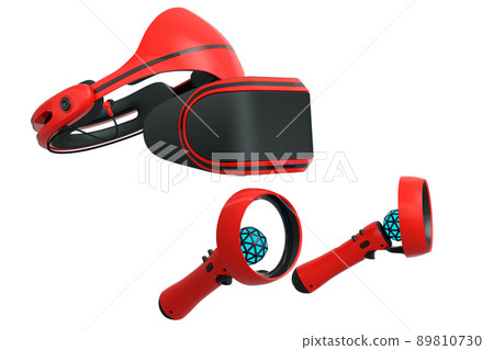 Virtual reality glasses and controllers for online and cloud gaming on white background. 3D rendering of device for virtual design in augmented reality or virtual gaming in VR Virtual reality glasses and controllers for online and cloud gaming on white background. 3D rendering of device for virtual design in augmented reality or virtual gaming in VR 89810730