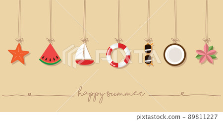 happy summer holiday banner design with hanging utensils happy summer holiday banner design with hanging utensils 89811227