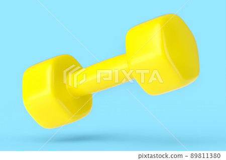 Rubber yellow dumbbell isolated on blue background. 3d rendering of sport equipment for fitness and powerlifting Rubber yellow dumbbell isolated on blue background. 3d rendering of sport equipment for fitness and powerlifting 89811380