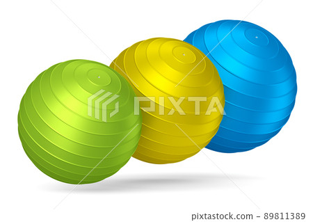 Multicolor fitball or fitness ball isolated white background. 3d rendering of sport equipment for fitness, yoga and active workout Multicolor fitball or fitness ball isolated white background. 3d rendering of sport equipment for fitness, yoga and active workout 89811389