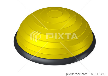 Yellow half fitball or fitness ball isolated white background. 3d rendering of sport equipment for fitness, yoga and active workout Yellow half fitball or fitness ball isolated white background. 3d rendering of sport equipment for fitness, yoga and active workout 89811390