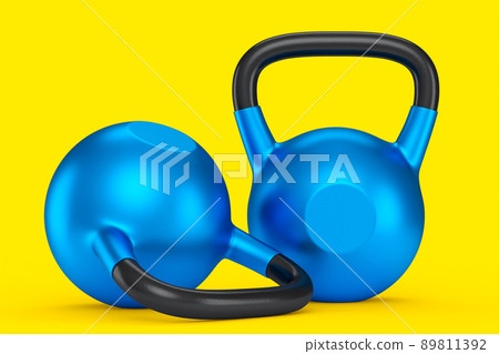 Set of gym blue kettlebell for workout isolated on yellow background. 3d rendering of sport equipment for fitness and powerlifting 89811392