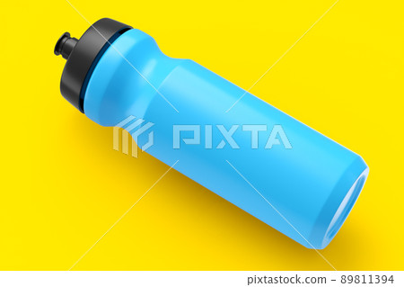 Blue plastic sport shaker for protein drink isolated on yellow background. 3D render of sport food cocktail container Blue plastic sport shaker for protein drink isolated on yellow background. 3D render of sport food cocktail container 89811394